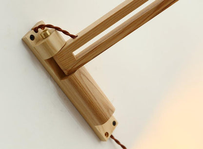 Latte | Striped Milk Glass Swing Arm Wall Sconce, Wood Arm Plug In or Hardwired Bedside Reading Light