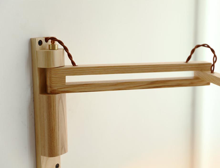 Latte | Striped Milk Glass Swing Arm Wall Sconce, Wood Arm Plug In or Hardwired Bedside Reading Light