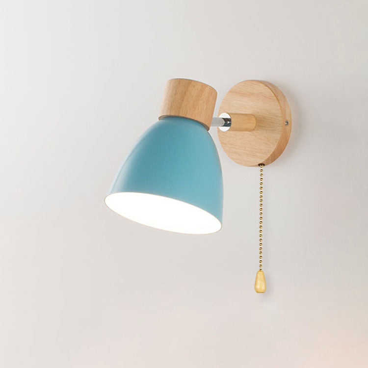 Caramella | Macaron Wall Sconce with Wood Arm and Pull Chain, Colorful Iron Bedside Wall Light