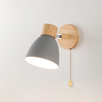 Caramella | Macaron Wall Sconce with Wood Arm and Pull Chain, Colorful Iron Bedside Wall Light