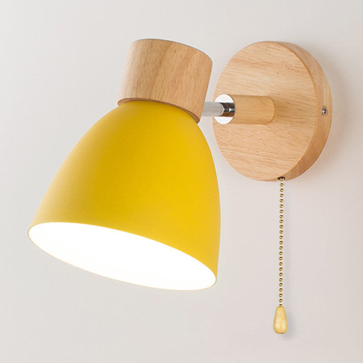 Caramella | Macaron Wall Sconce with Wood Arm and Pull Chain, Colorful Iron Bedside Wall Light