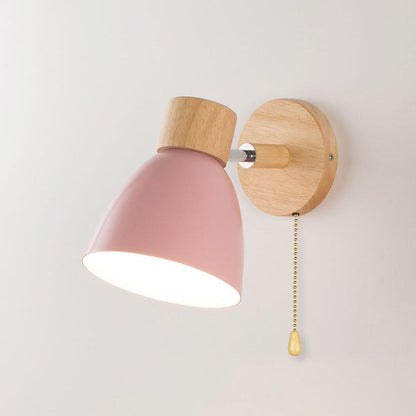 Caramella | Macaron Wall Sconce with Wood Arm and Pull Chain, Colorful Iron Bedside Wall Light