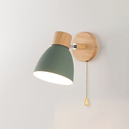 Caramella | Macaron Wall Sconce with Wood Arm and Pull Chain, Colorful Iron Bedside Wall Light