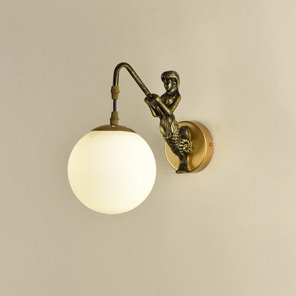Sirena | Vintage Glass Orb Wall Sconce with Cast Relief Backplate, Black or Gold Wall Light for Hallway