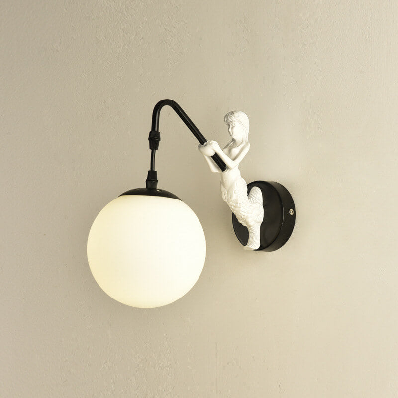Sirena | Vintage Glass Orb Wall Sconce with Cast Relief Backplate, Black or Gold Wall Light for Hallway