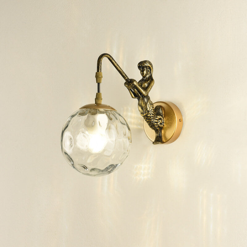 Sirena | Vintage Glass Orb Wall Sconce with Cast Relief Backplate, Black or Gold Wall Light for Hallway