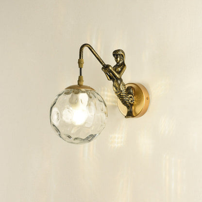 Sirena | Vintage Glass Orb Wall Sconce with Cast Relief Backplate, Black or Gold Wall Light for Hallway