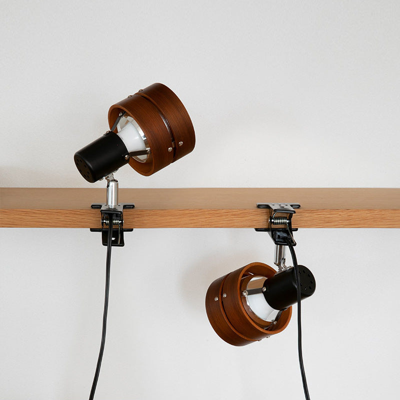Mame | Small Wood Clip On Lamp, Japanese Round Clamp Reading Light for Bed, Desk and Shelf, Plug In
