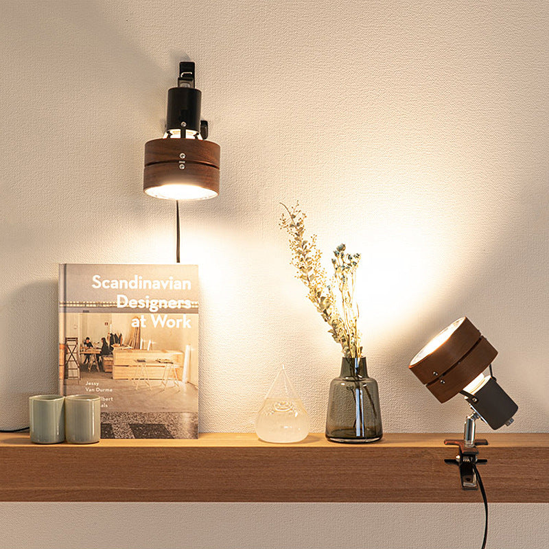 Mame | Small Wood Clip On Lamp, Japanese Round Clamp Reading Light for Bed, Desk and Shelf, Plug In