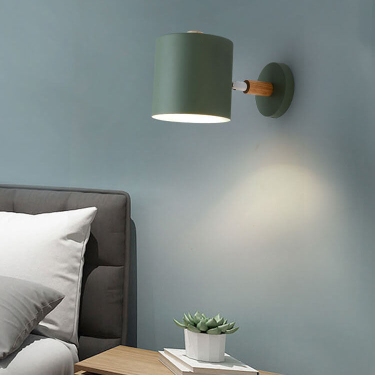 Giro | Rotating Macaron Cylinder Wall Sconce, Small Colorful Metal Wall Light with Wood Mount for Bedside