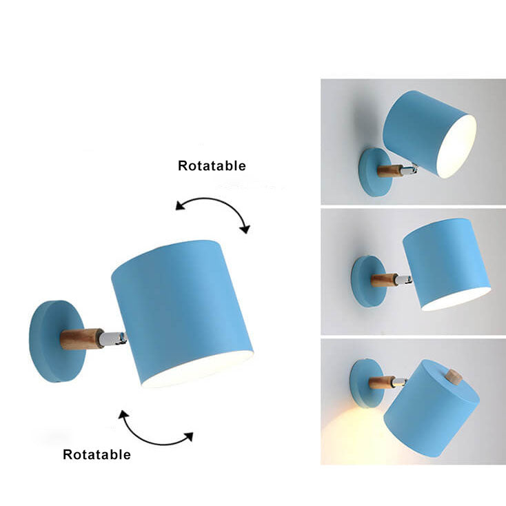 Giro | Rotating Macaron Cylinder Wall Sconce, Small Colorful Metal Wall Light with Wood Mount for Bedside