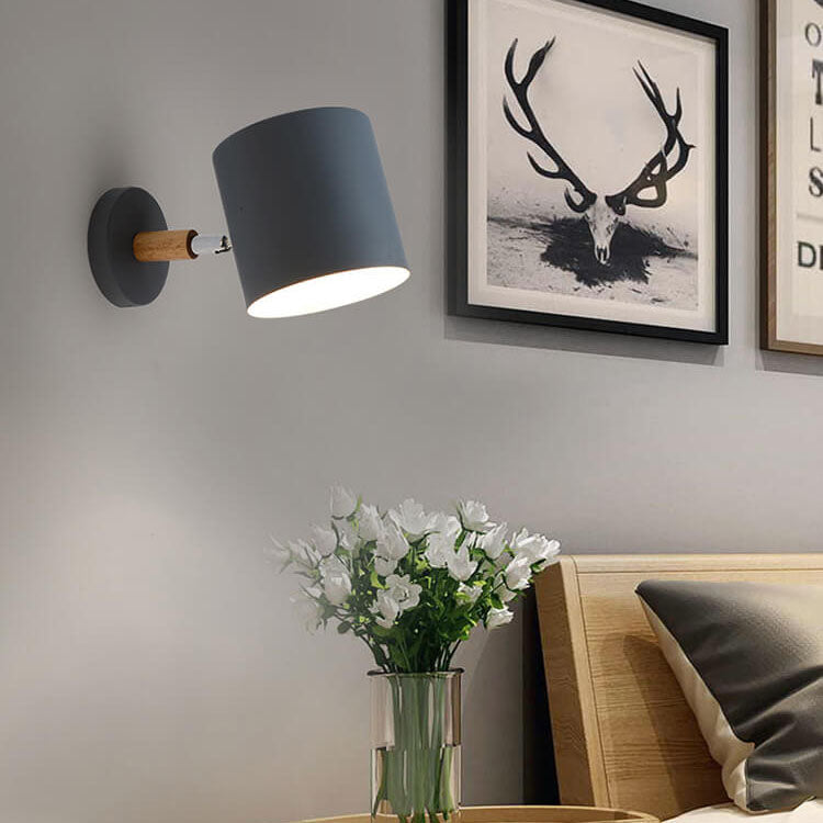 Giro | Rotating Macaron Cylinder Wall Sconce, Small Colorful Metal Wall Light with Wood Mount for Bedside