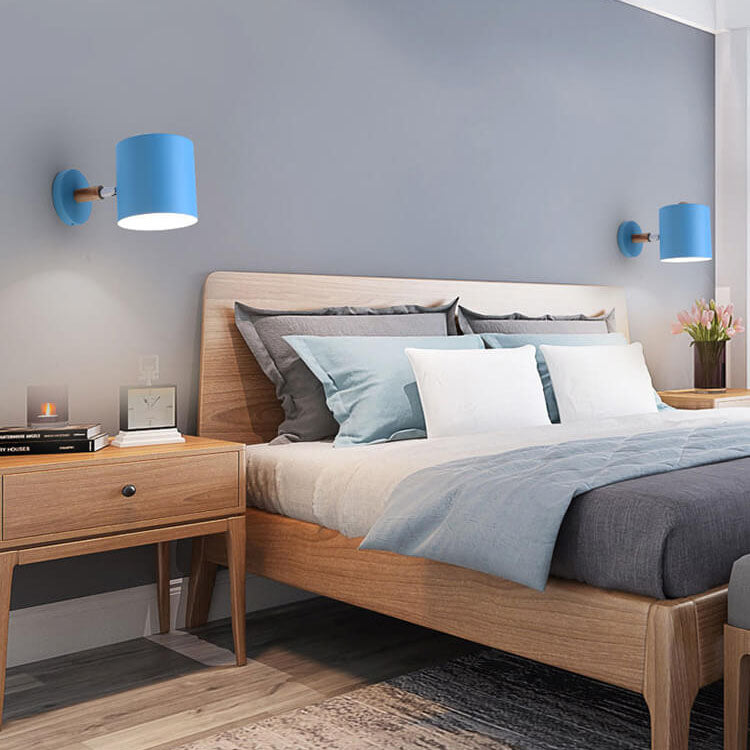Giro | Rotating Macaron Cylinder Wall Sconce, Small Colorful Metal Wall Light with Wood Mount for Bedside