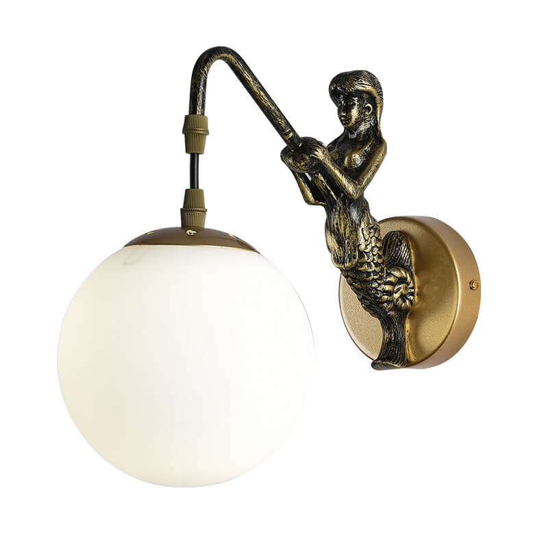 Sirena | Vintage Glass Orb Wall Sconce with Cast Relief Backplate, Black or Gold Wall Light for Hallway