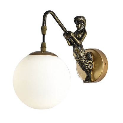 Sirena | Vintage Glass Orb Wall Sconce with Cast Relief Backplate, Black or Gold Wall Light for Hallway