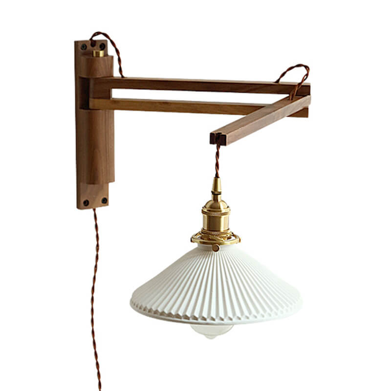 Latte | Striped Milk Glass Swing Arm Wall Sconce, Wood Arm Plug In or Hardwired Bedside Reading Light