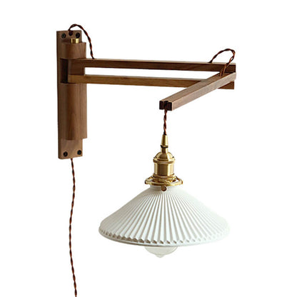 Latte | Striped Milk Glass Swing Arm Wall Sconce, Wood Arm Plug In or Hardwired Bedside Reading Light