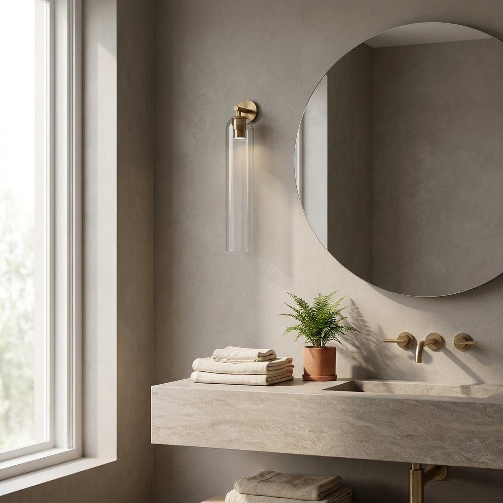 Lumira wall sconce beside a bathroom mirror