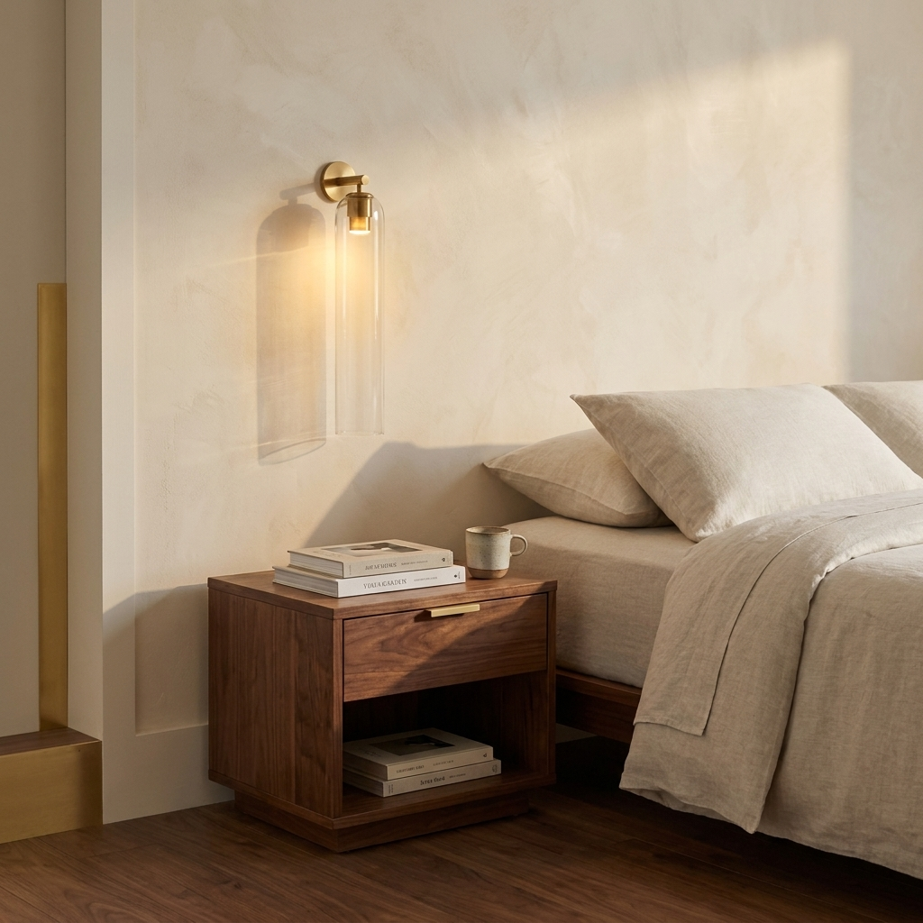 Lumira wall sconce above a bedside table