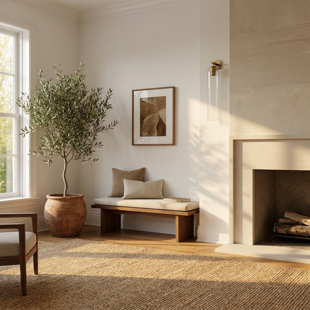 Lumira wall sconce beside a fireplace
