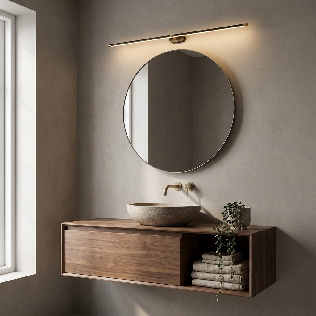 Skyla linear wall lamp above a bathroom mirror